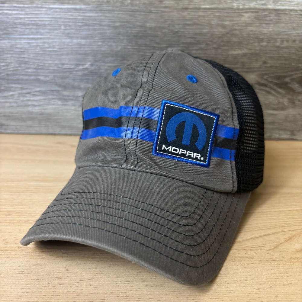 Mopar Hat Cap Strap Back Gray Blue Mesh Back Racing Three Stripe Adjustable